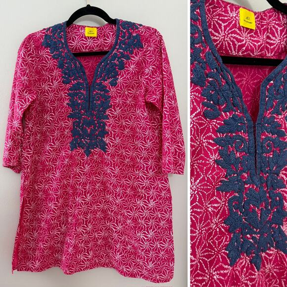 Tuckernuck Roller Rabbit Classic Block‎ Print Cotton Embroidered Kurta Dress M - Picture 1 of 10